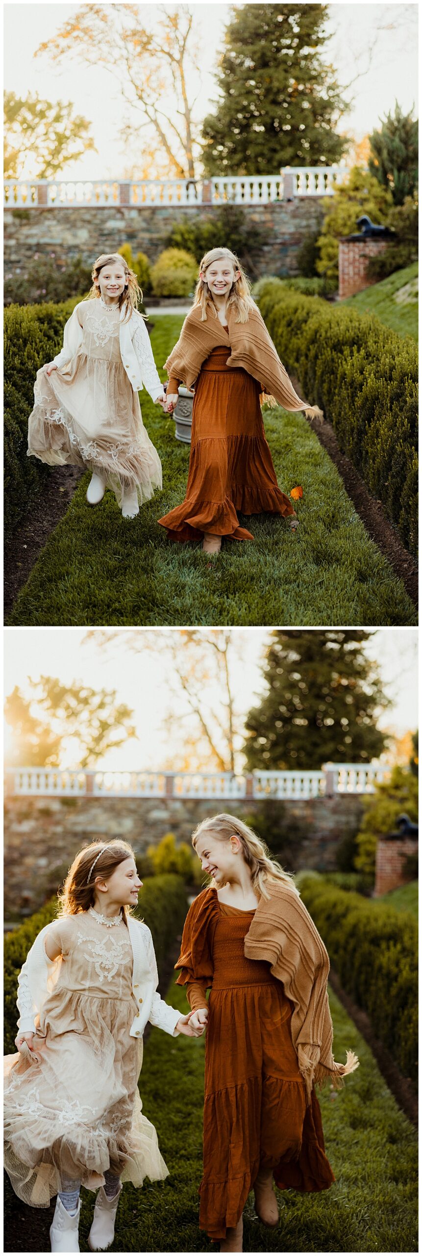 Two sisters hold hands and run together for Virginia Family Photographer