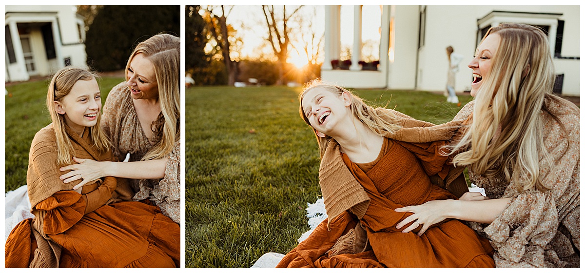 Mom and daughter laugh together wearing Neutral Color Palette For Family Photos