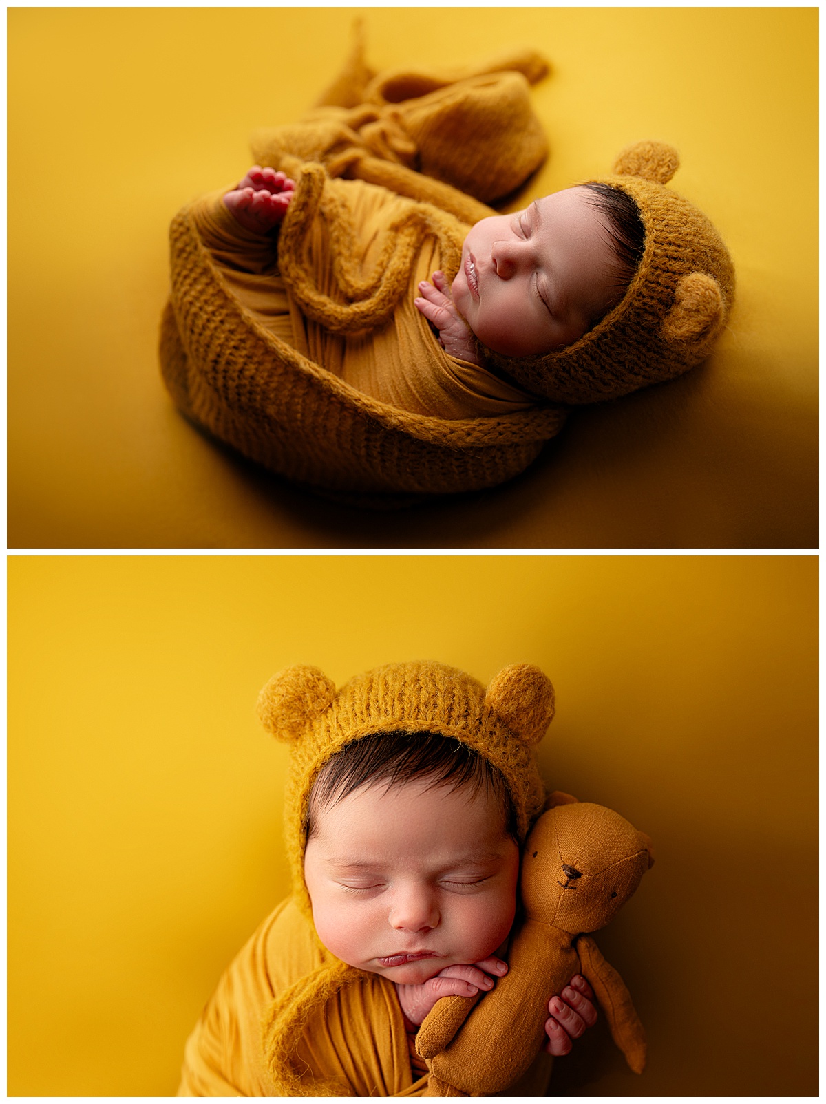 Baby lays in basket on yellow wrap for Virginia Newborn Photographer