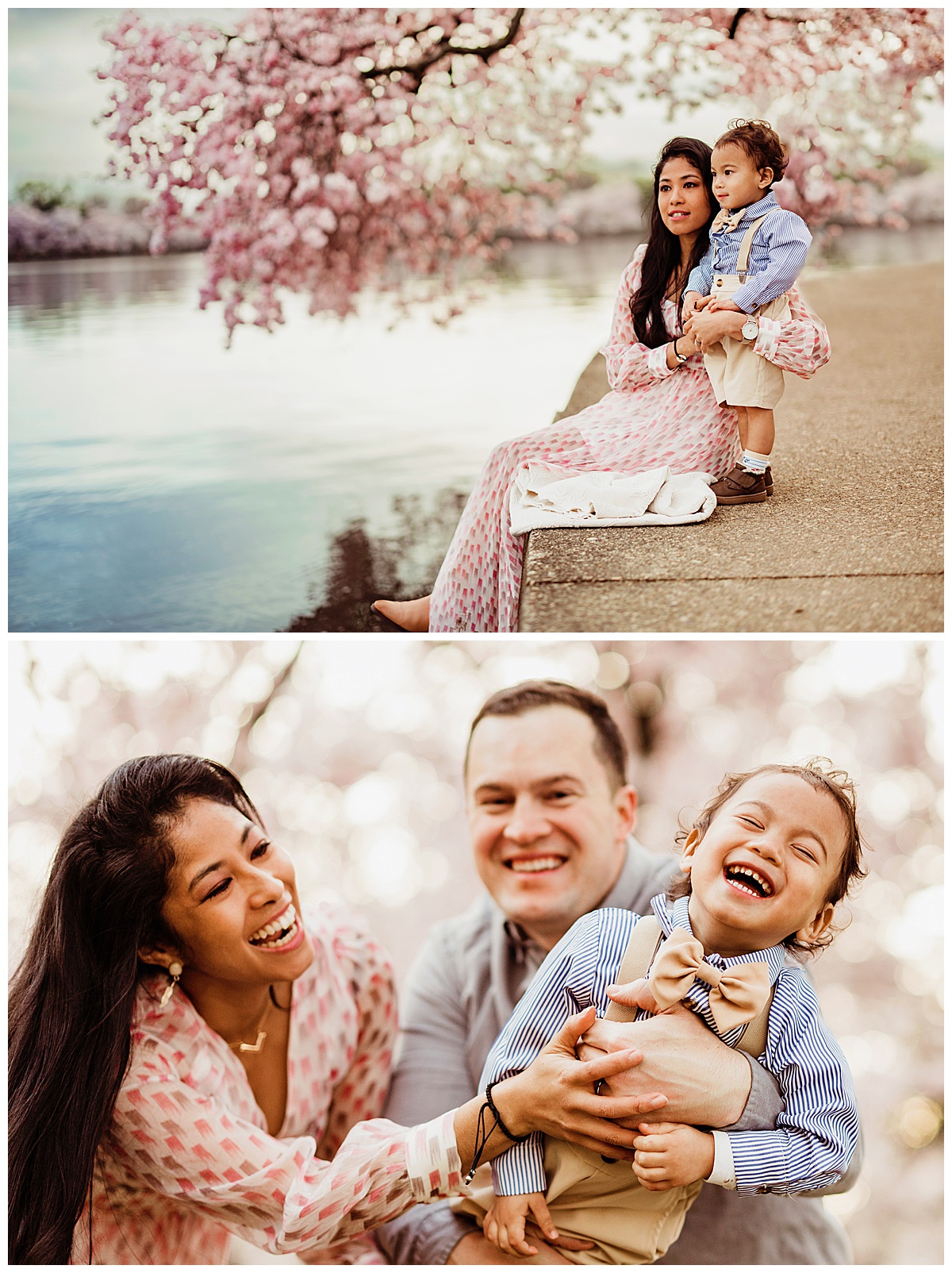 Parents laugh and smile with their son during DC Cherry Blossom Photographer