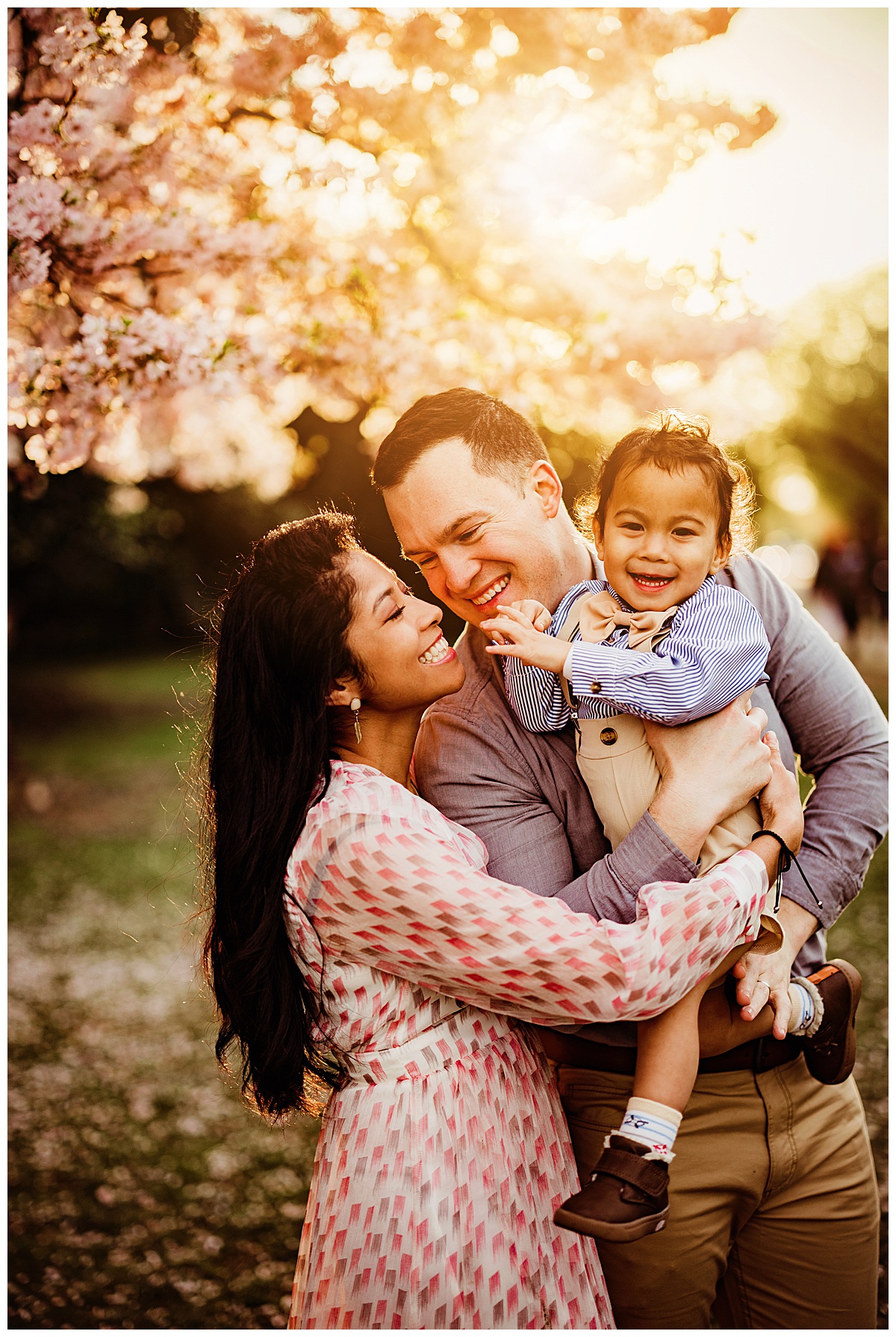 Parents hold their young son during DC Cherry Blossom Photographer