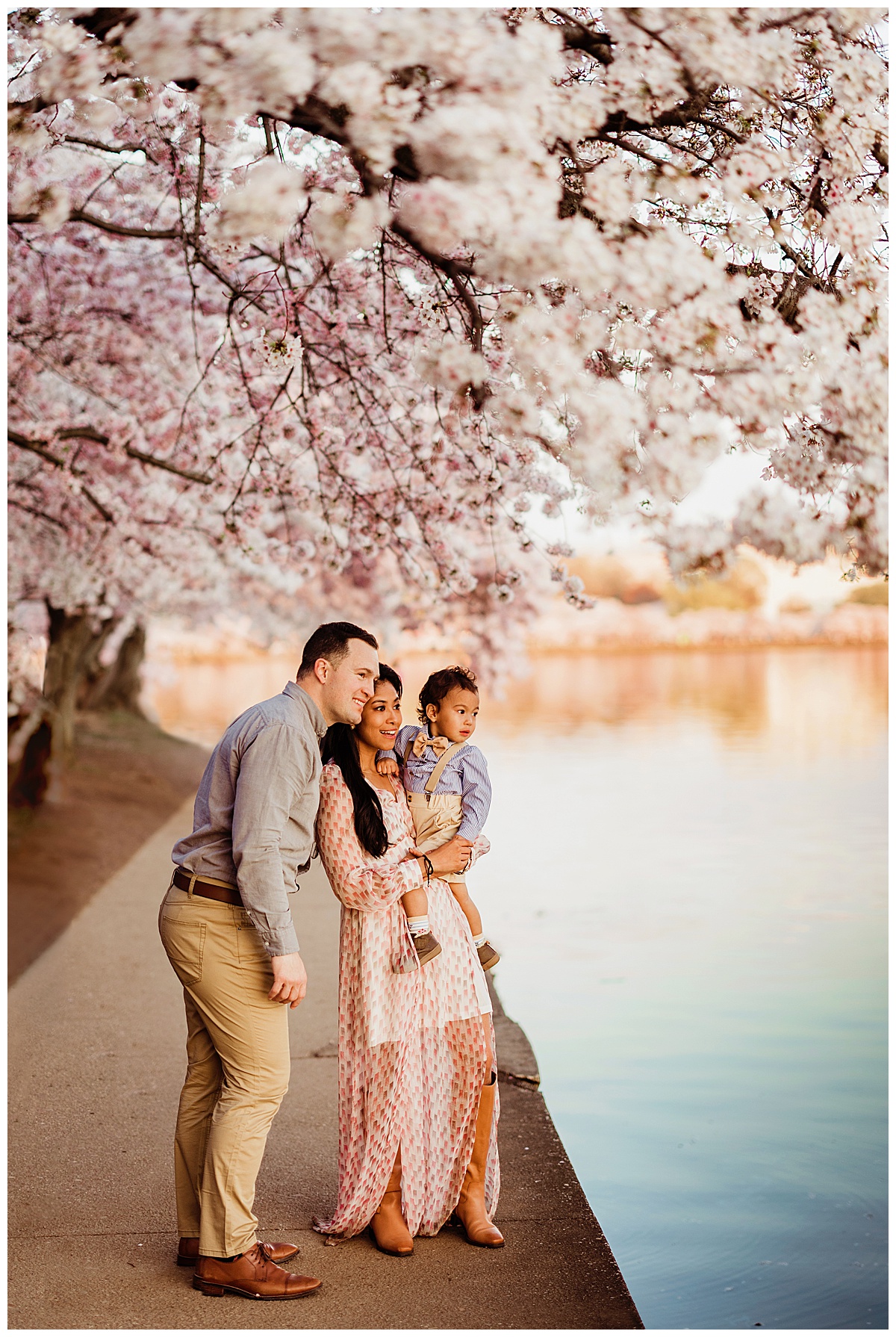Family stand together near water during their DC Cherry Blossom Photographer