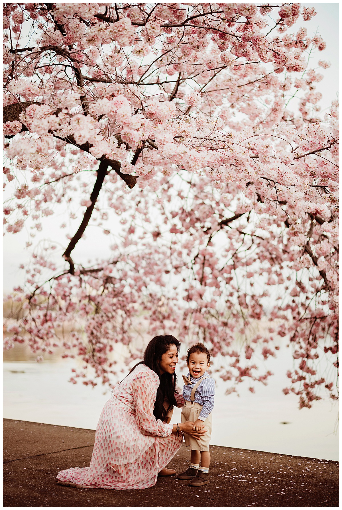 Mom and son smile together during their DC Cherry Blossom Photographer