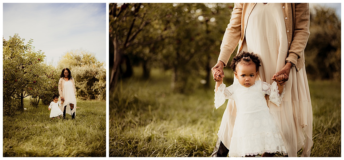 Mom and daughter walk together during their Outdoor Adventure Golden Hour Session at Great Country Farms