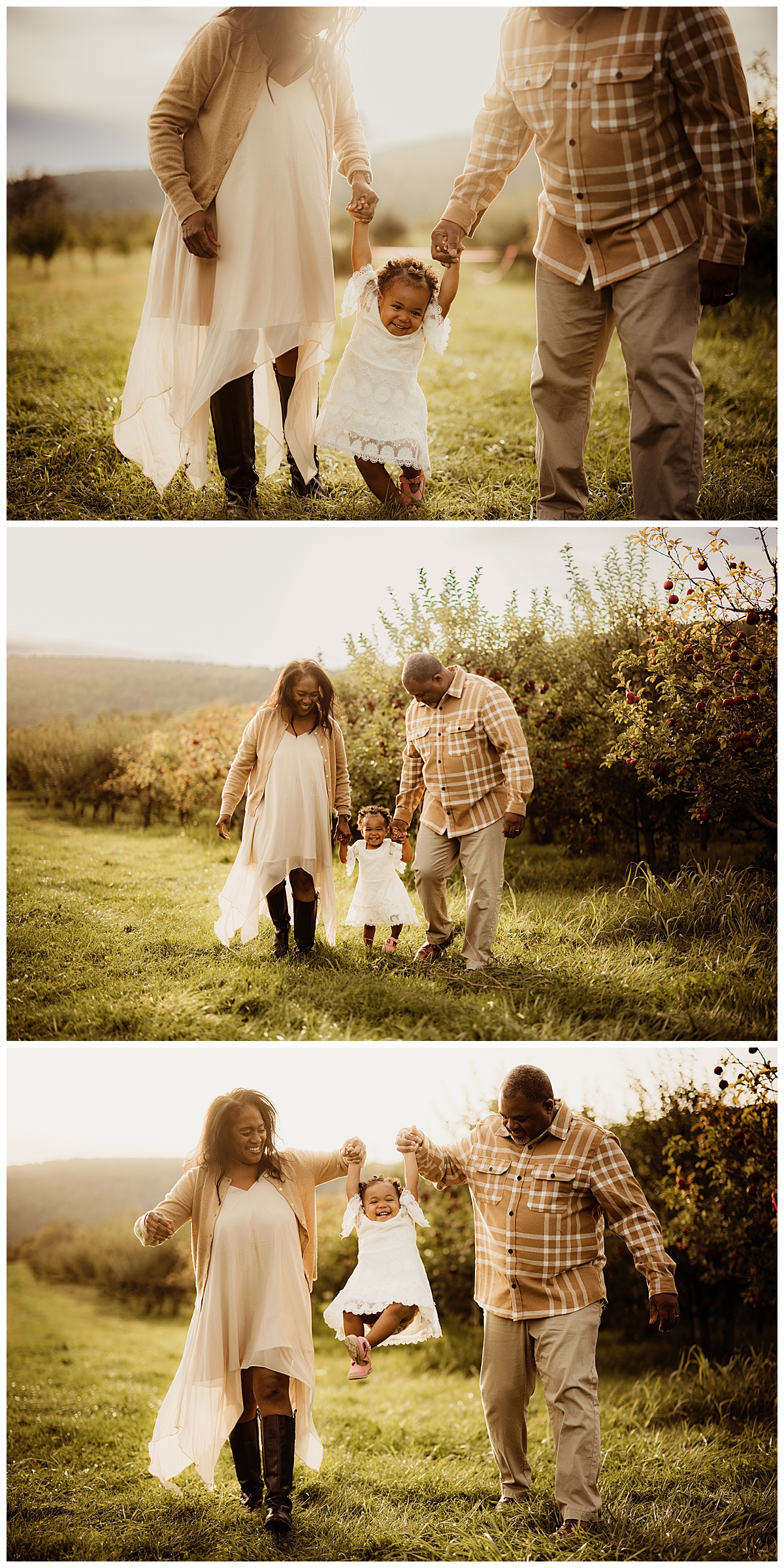 Family walks together during their Outdoor Adventure Golden Hour Session at Great Country Farms