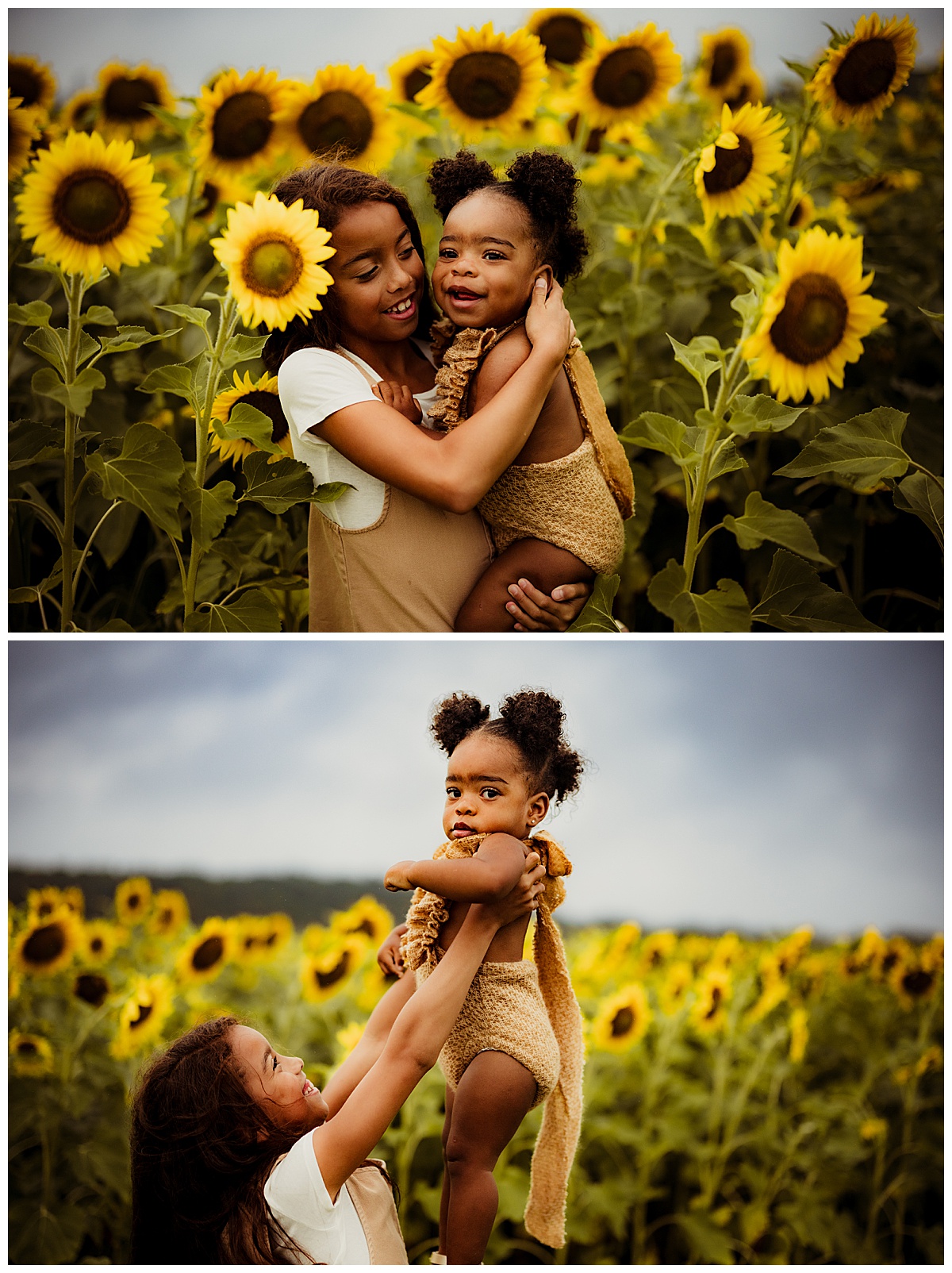 Daughter smile together during their sunflower photoshoot