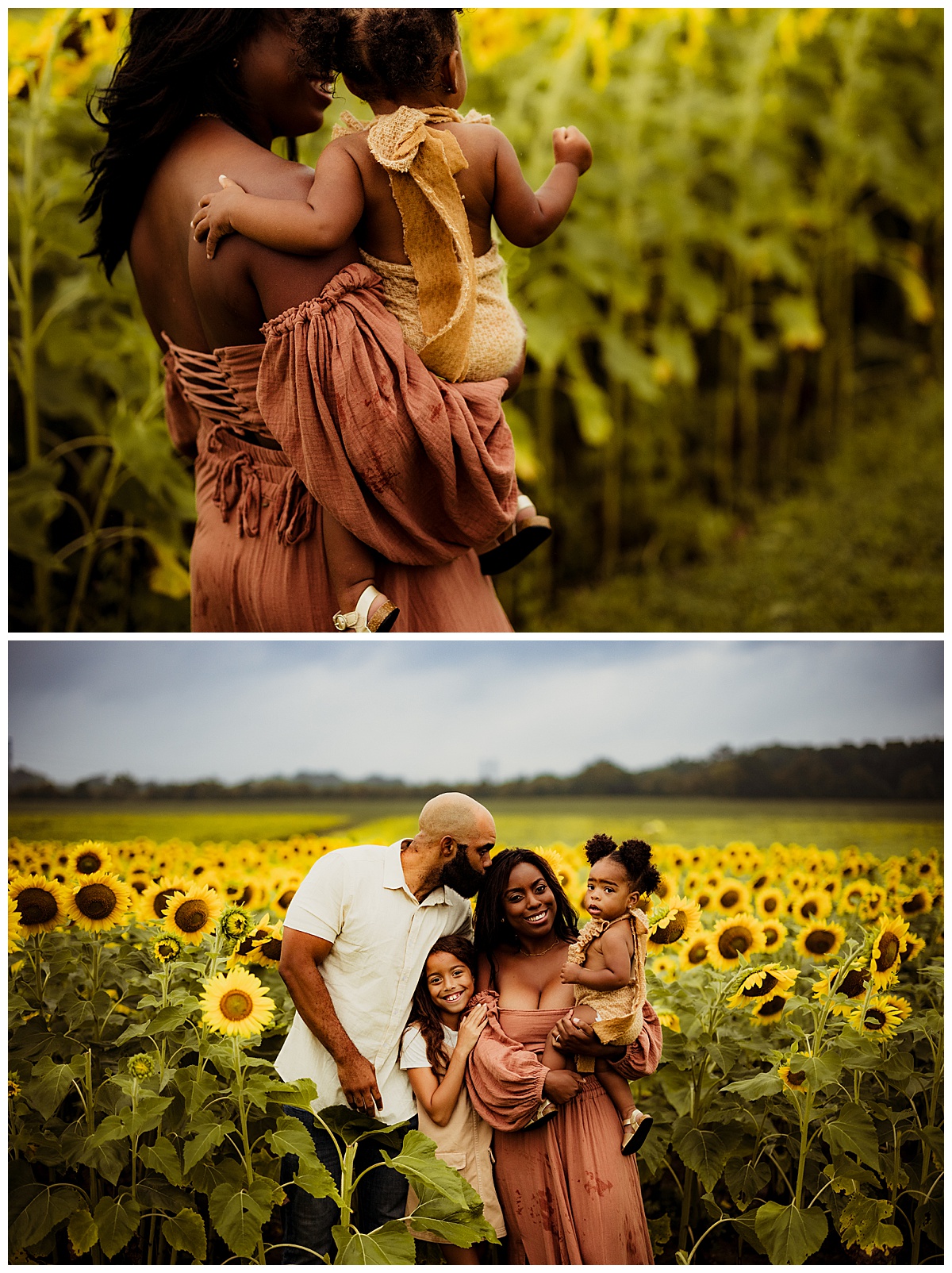 Family smile together in the sunflower field for Virginia Family Photographer