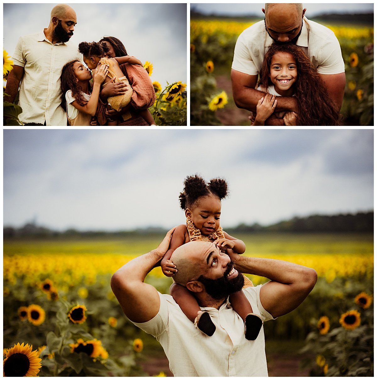 Dad smiles and laughs with daughters during their sunflower photoshoot