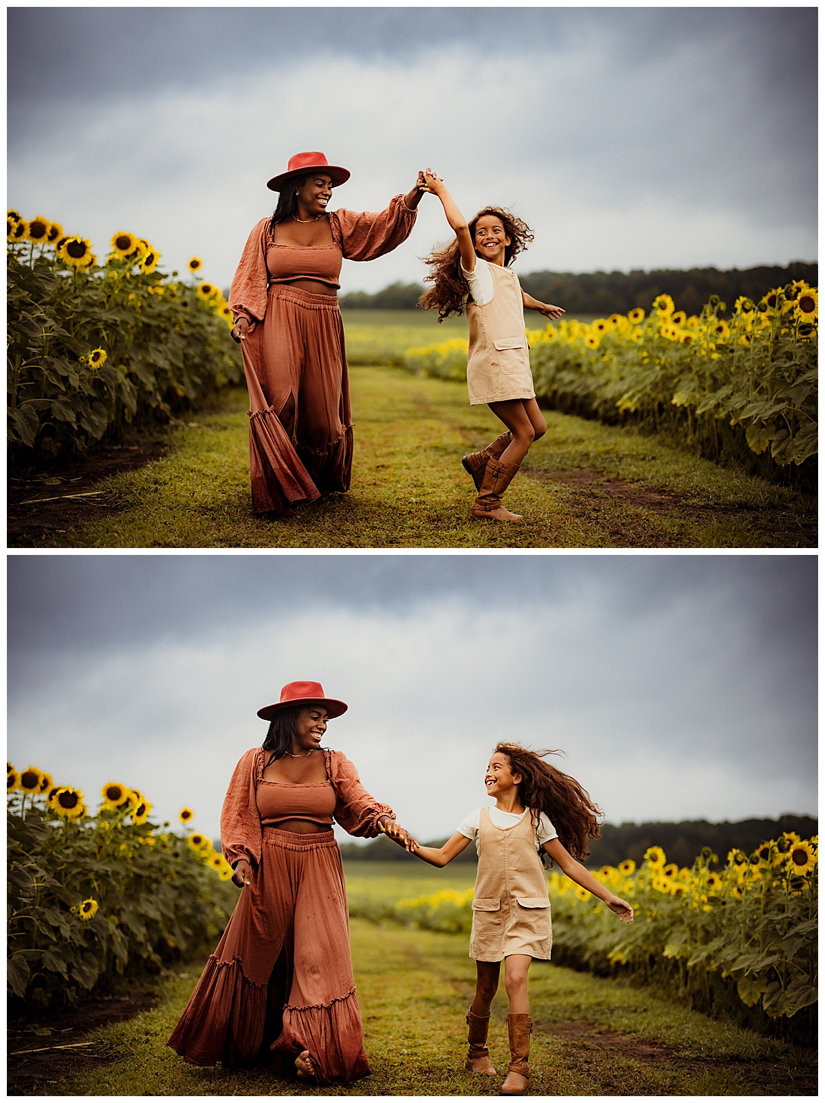 Mom and daughter dance together during their sunflower photoshoot