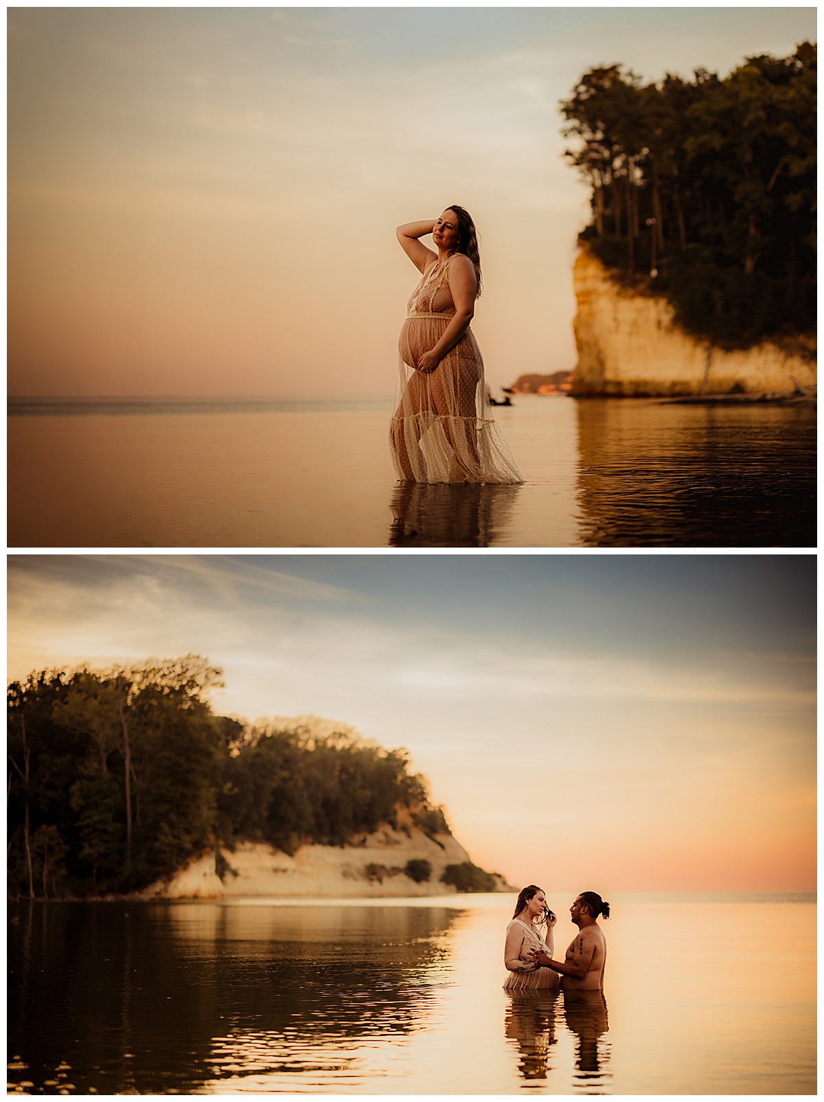 Couple and mama stand in the water for Virginia Maternity Photographer