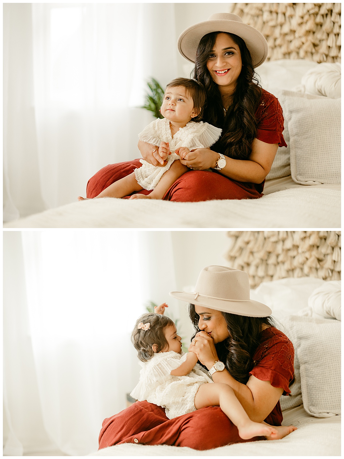 Mom and daughter sit together on the bed for Virginia Family Photographer