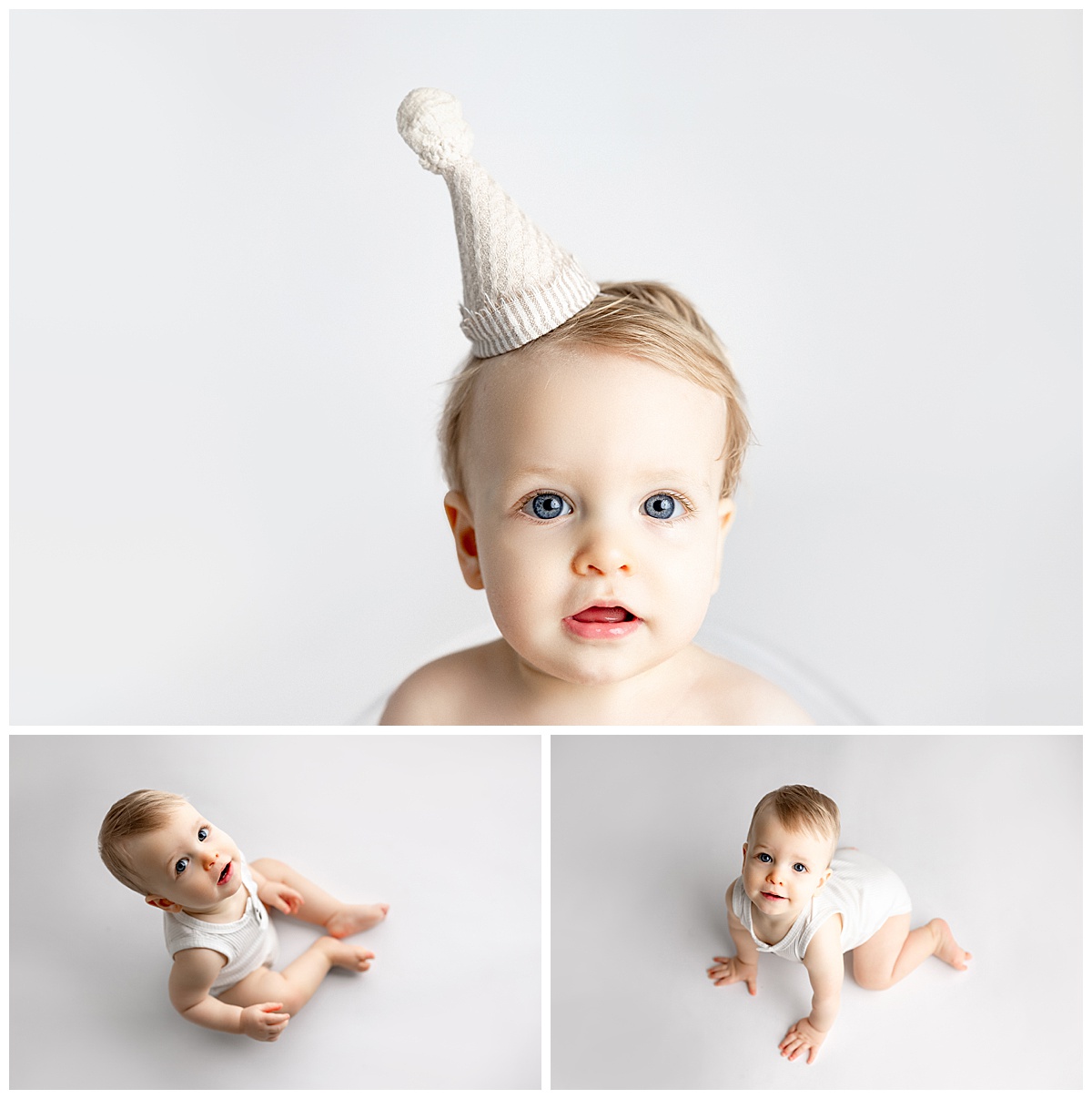 Baby wears cute birthday hat and crawls on the floor during their First Birthday Cake Smash