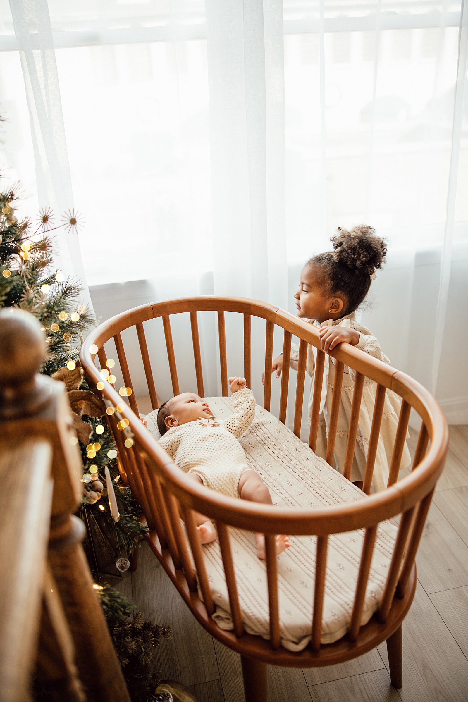 Young girl holds in to bassinet younger sibling is laying in for Virginia Newborn Photographer