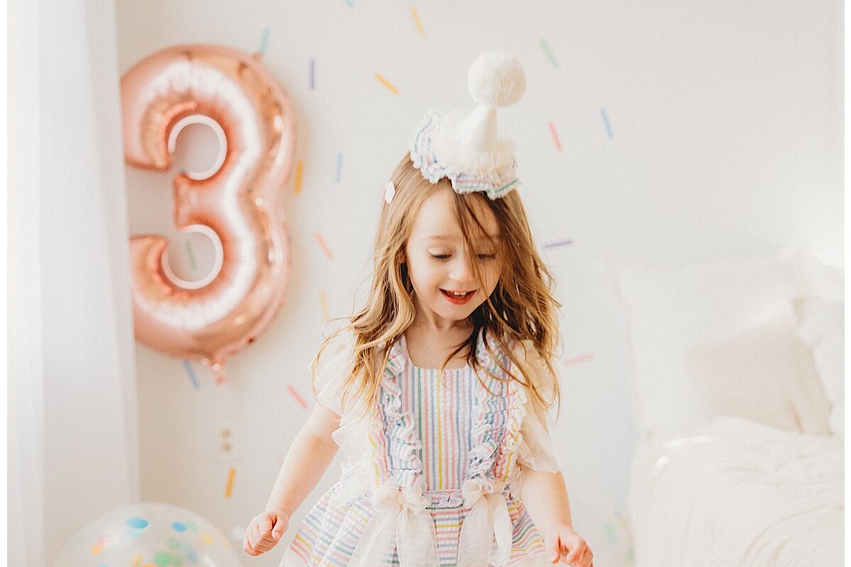 Girls dances during her 3-Year-Old Milestone Session