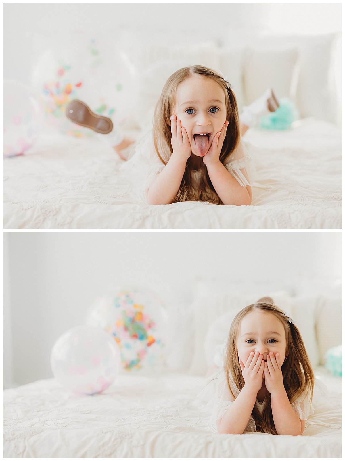 Young girl lays in her tummy making silly faces for Virginia Baby Photographer