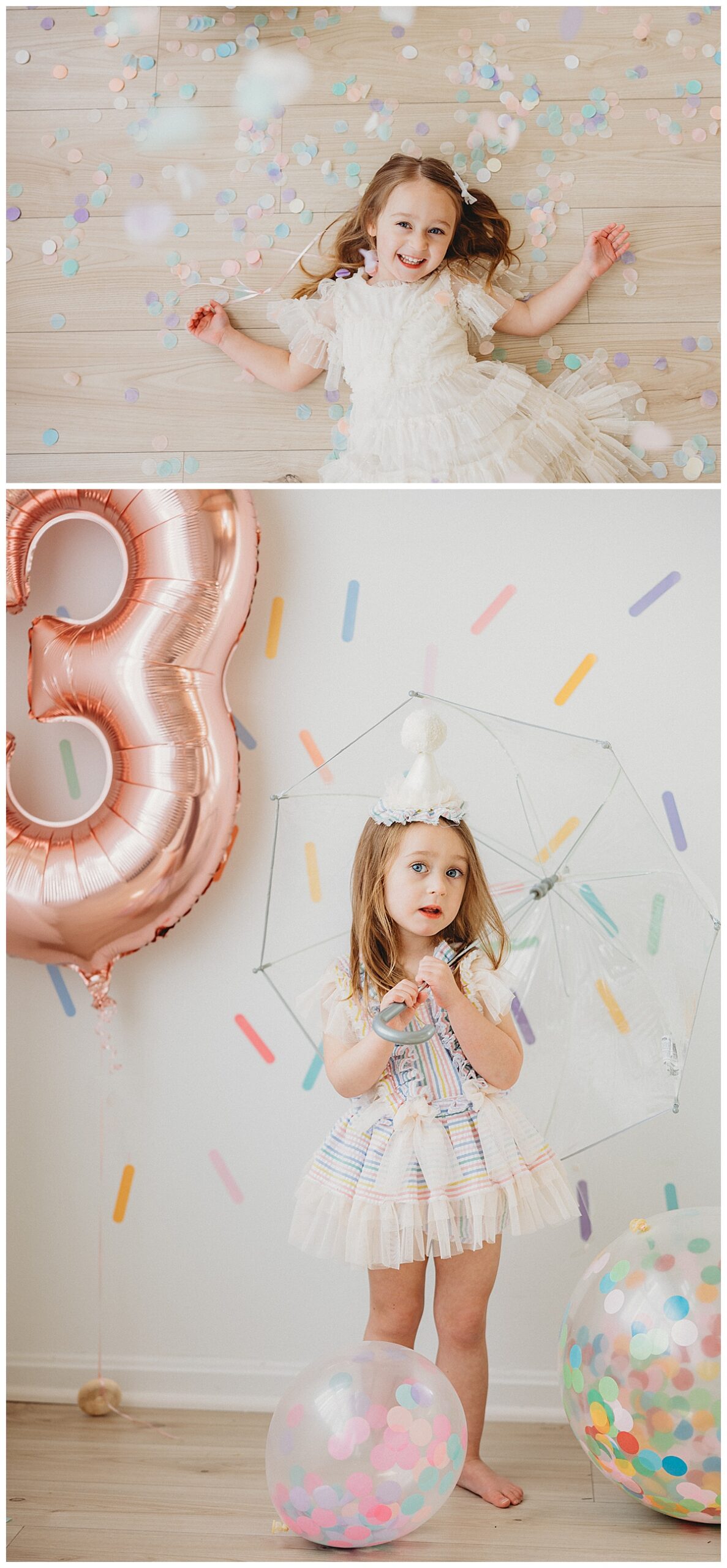 Little girl plays with confetti and balloon during her 3-Year-Old Milestone Session