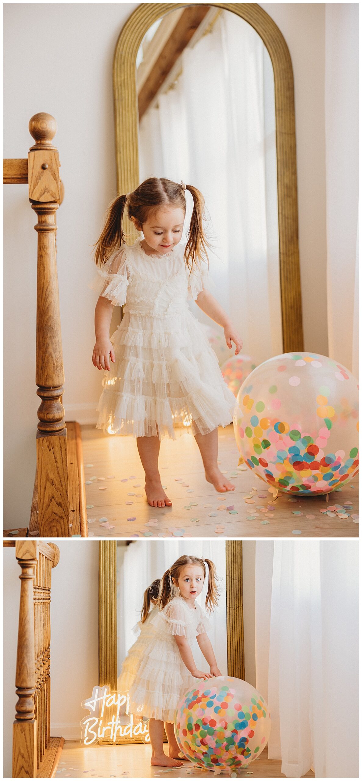 Young girl plays with confetti balloon for Virginia Baby Photographer