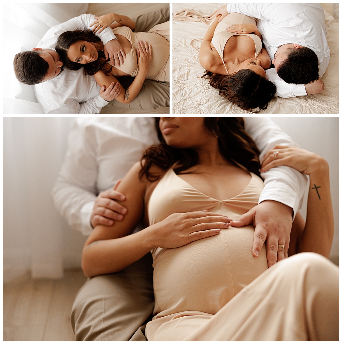 Parents cuddle baby bump showing that maternity photos are worth it
