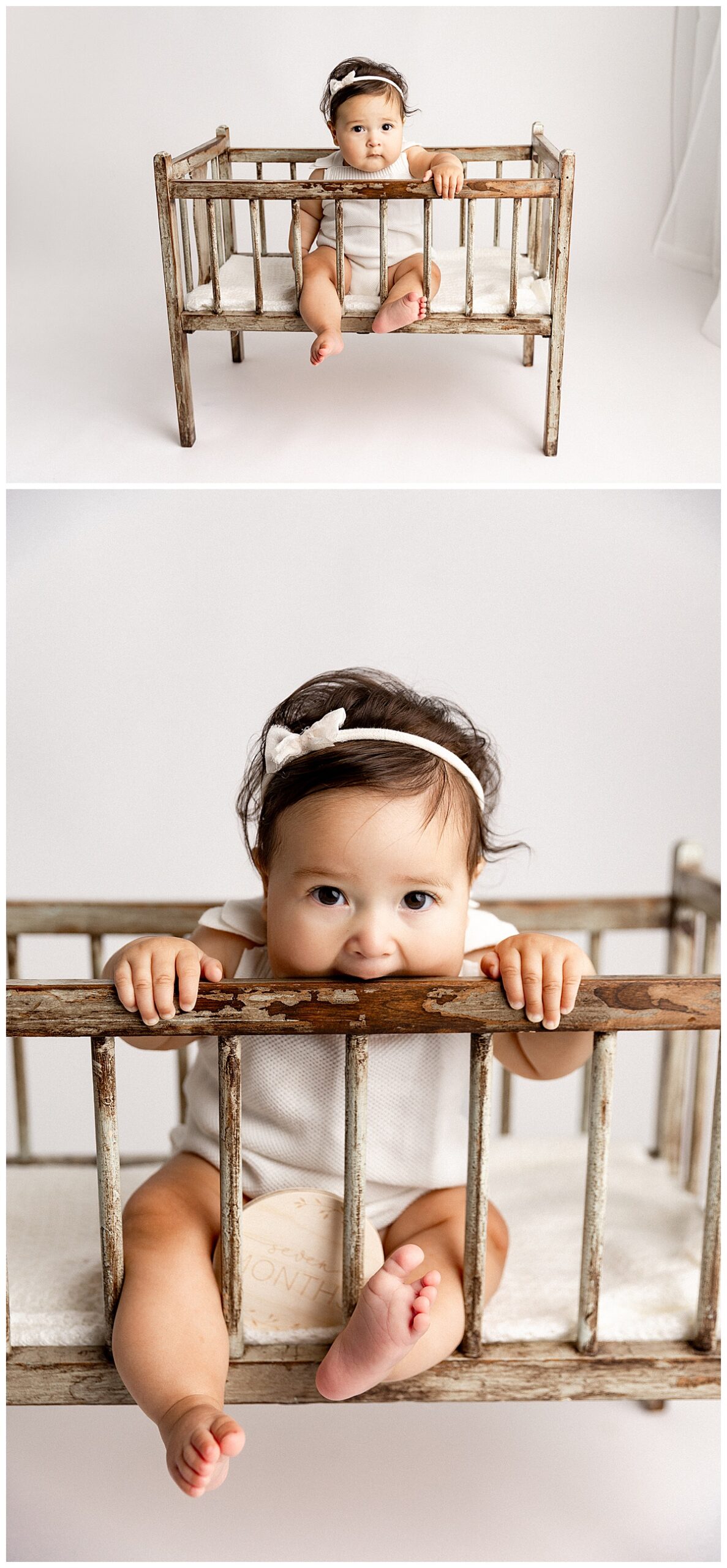 Baby stands in bassinet for Norma Fayak Photography