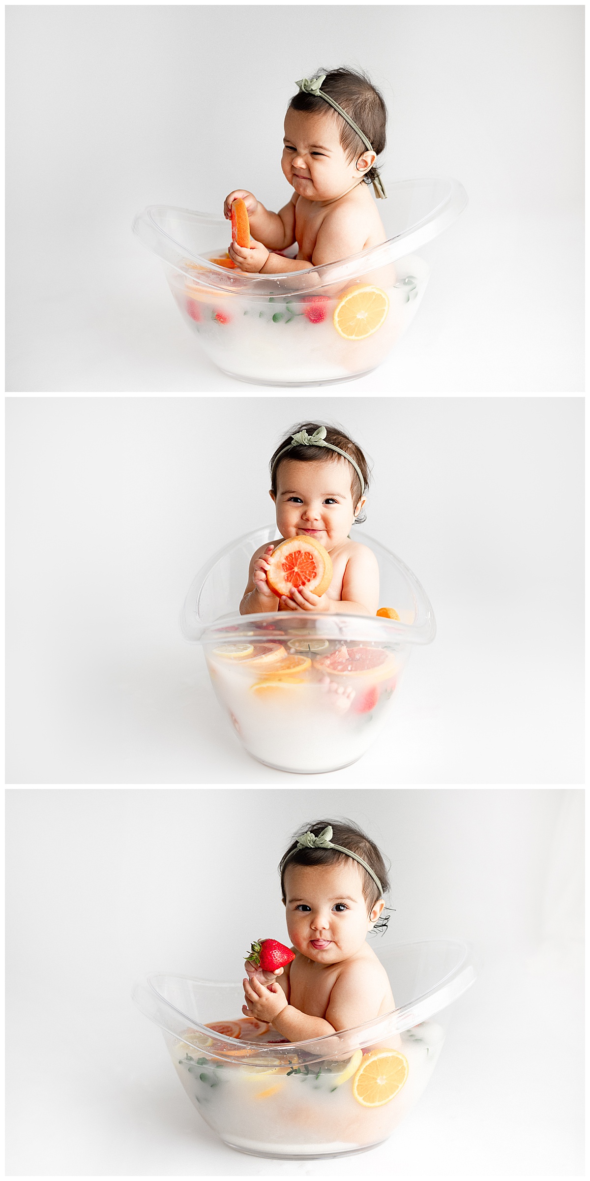 Baby sits on fruit bath during baby photography session