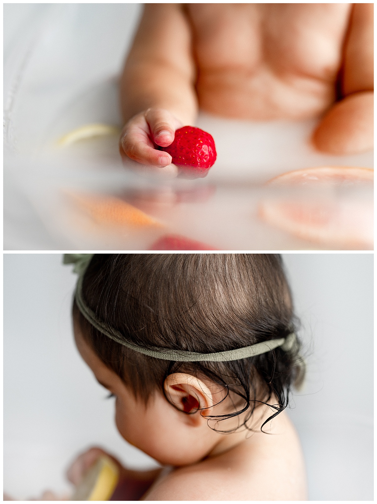 Baby enjoys fruit bath for Virginia baby photographer